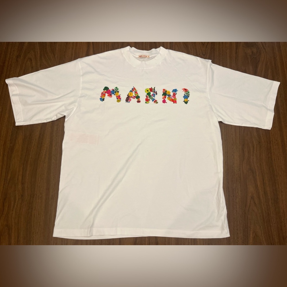 Marni Luxury Designer Floral Logo Tee White Size 54 XXL Made in Portugal